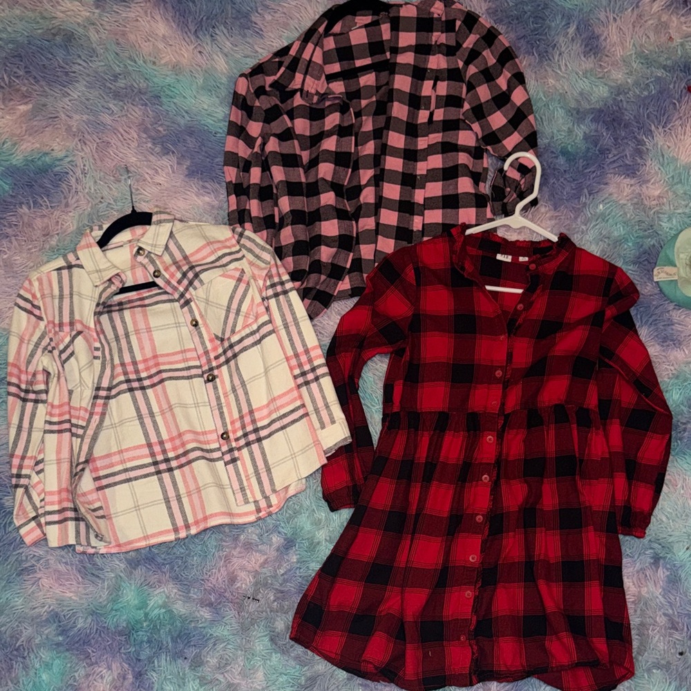 Plaid Kids Shirt Set - Red, Pink, White